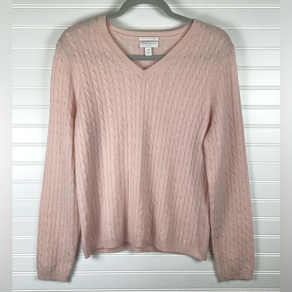 Charter Club 2ply Cashmere V neck Cable knit Sweater Size PM light pink - Picture 1 of 5